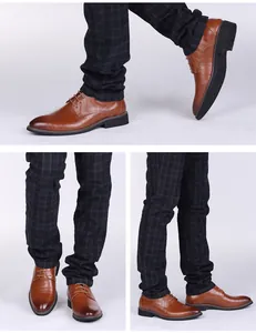 Three-way display of men's brown business dress shoes with stylish brogue details