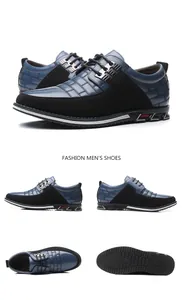 Multi-angle display of men's casual color-block lace-up shoes in blue and black leather