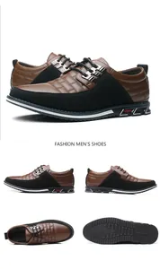 Detailed multi-angle views of brown and black patchwork men's casual lace-up shoes.