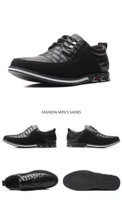 Multi-angle display of black men's casual lace-up shoes with textured leather.