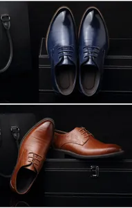 Classic pointed toe men's business leather shoes in polished blue and brown finish
