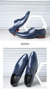 Detailansicht blauer glänzender Herrenschuhe mit Krokodilmuster und Schnürung im Trend