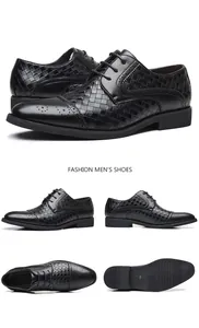 Detaillierte Mehrwinkelansichten schwarzer Herrenschuhe mit Webstruktur und Brogue-Stil
