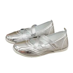 Elegant silver metallic Mary Jane ballet flats with stylish criss-cross elastic straps