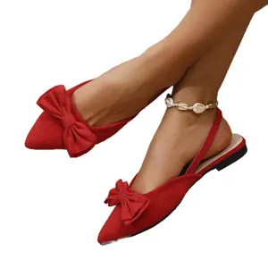 Élégantes chaussures plates rouges à bout pointu avec nœud et bride arrière pour femmes