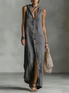 Elegant grey casual sleeveless hooded maxi dress with button-down front and slit