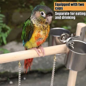 Wooden bird perch stand with two stainless steel feeding cups for parrots
