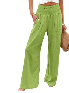 Fashionable women's high waisted wide leg casual loose linen pants in lime green