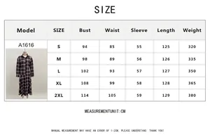 Detailed size chart for vintage plaid long-sleeved shirt dress with measurements