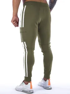 Rear view of men's army green athletic joggers featuring side stripes and cargo pockets.