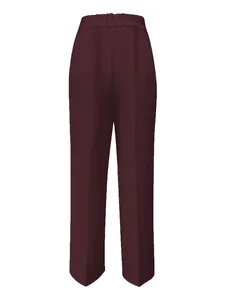 Rear view of burgundy high-waisted straight-leg dress pants for women.