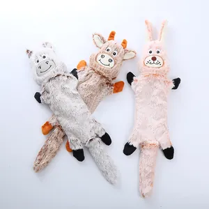 Set of three durable unstuffed plush dog chew toys in cute rabbit and cow animal shapes.