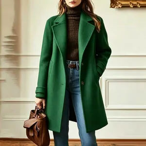 Close-up detail of a vintage elegant green medium-length lapel wool coat for women