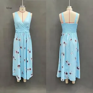Detail view of light blue floral V-neck sleeveless maxi dress with open back
