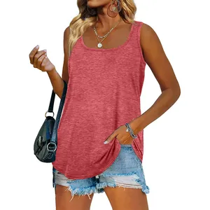 Casual sleeveless square neck tank top for women in a stylish dark coral red color