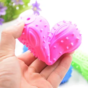 Durable pink TPR rubber squeaky dog toy for molar teeth cleaning and chewing exercise.