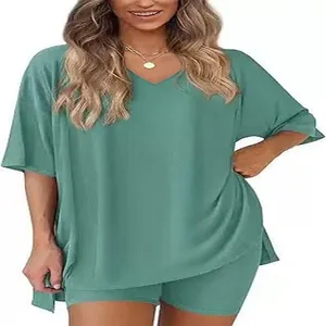 Comfortable women's teal lounge set featuring a loose V-neck top and matching shorts