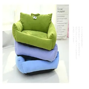 Detailed view of stacked corduroy pet beds with cute eye design in macaron colors