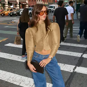 Vintage style satin puff sleeve cropped blouse with stand collar in elegant khaki.