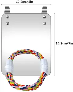 Detailed size dimensions for parrot mirror toy featuring a colorful rope perch 17.8x12.8cm
