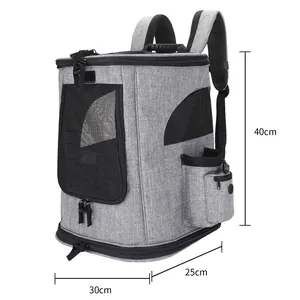 Grey breathable pet carrier backpack with dimensions 40cm height 30cm width and 25cm depth