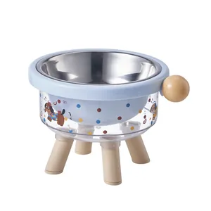 Bol pour animaux surélevé en inox avec illustrations de chiens et pieds en bois pour le cou