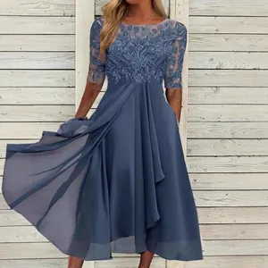 Detailed view of the elegant lace bodice and sheer sleeves on a dusty blue chiffon dress.
