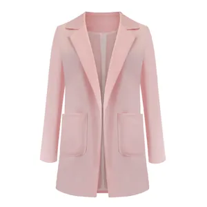 Professional front view of light pink slim-fit women's blazer with lapels and pockets