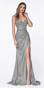 Sparkly silver floor-length evening gown with high leg slit and sweetheart neck