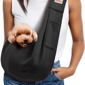 Hands-free black breathable pet sling carrier bag for small dogs and cats on person