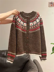 Vintage Fair Isle brown knitted cardigan with retro pattern and fuzzy texture