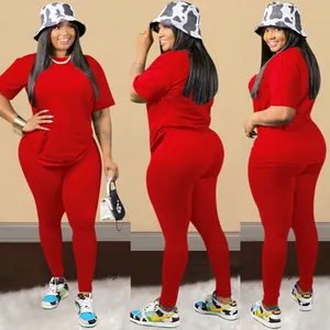 Multi-angle detail view of red two-piece leisure set with T-shirt and leggings