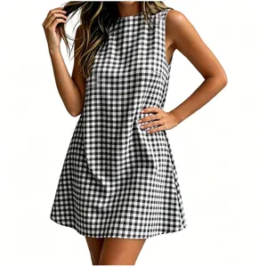Women's stylish black and white gingham sleeveless mini dress with a classic round neckline