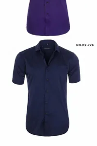Detailed front view of navy blue short-sleeve elastic slim-fit business casual shirt