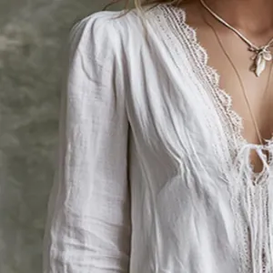 Exquisite detailed close-up of white lace-trimmed V-neckline on long sleeve mini dress