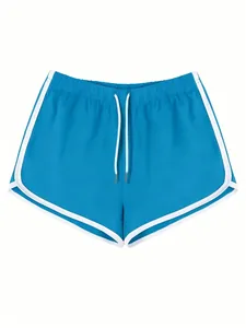Dettaglio pantaloncini sportivi blu da donna con coulisse e profili bianchi