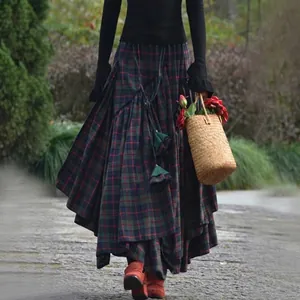 Vintage plaid irregular maxi skirt with asymmetrical hem for women's autumn fashion