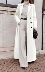 Full-length elegant white wool coat with notched lapels and black button accents.