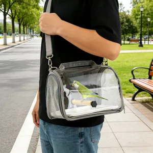 Detailed view of grey bird carrier bag with transparent window and wooden perch