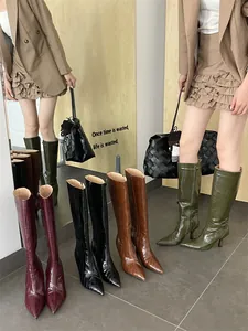 Detailansicht der Damen-Kniestiefel mit Krokodil-Textur in verschiedenen Farben.