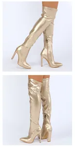 Detailansicht goldener Overknee-Stiefel mit spitzer Zehenpartie und Reißverschluss