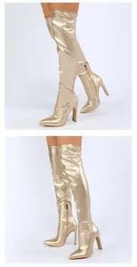 Detailansicht metallischer Overknee-Stiefel in Champagner mit spitzer Kappe und Absatz.