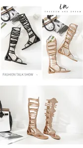 Elegante kniehohe Gladiator-Sandalen für Damen mit Nietendekor und flacher Sohle