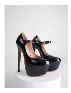 Detailed view of black patent leather 17cm high platform stiletto Mary Jane shoes