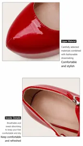 Close-up van glanzend rood lakleer en ademende voering voor pumps met hoge hakken
