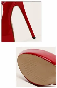Gedetailleerd overzicht van de 17 cm rode lakleren naaldhak en de antislip rubberen zool.