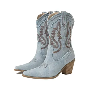 Vintage light blue denim western cowboy boots with pointed toe and chunky heel