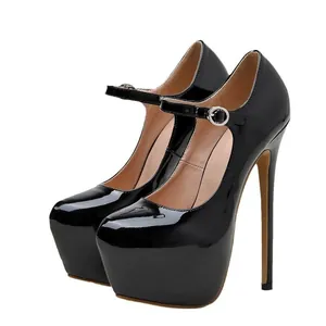 Elegant 17cm black patent leather platform high heels with Mary Jane strap for runway