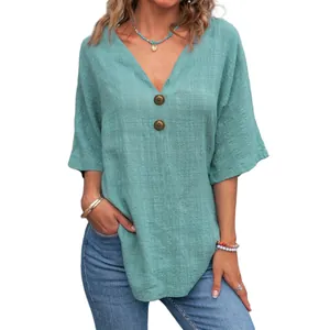 Camicetta casual da donna verde con scollo a V, maniche corte e bottoni decorativi
