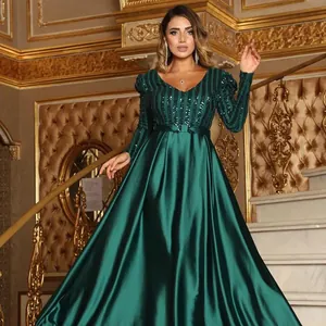 Elegant deep green sequin and satin long evening gown for formal banquets and events.